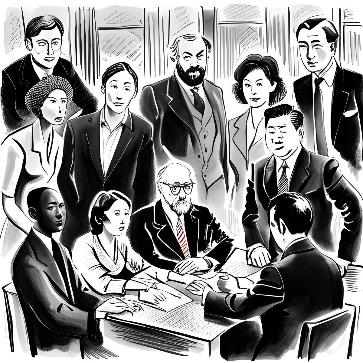 Illustraton of people gathered around a desk